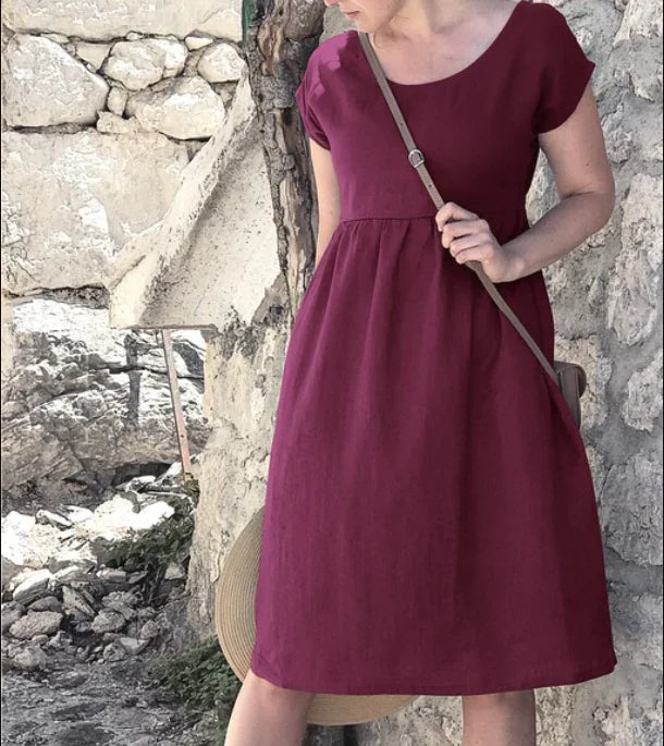 Tessa | Damen Kurzarm Midi Kleid Mit Rundhalsausschnitt