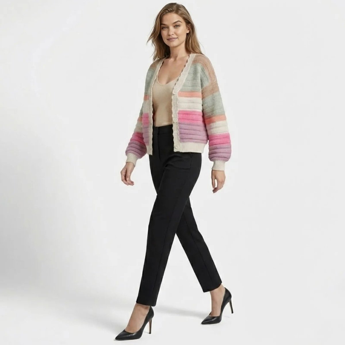Stella | Damen Gestreifte Strickjacke Mit Langarm