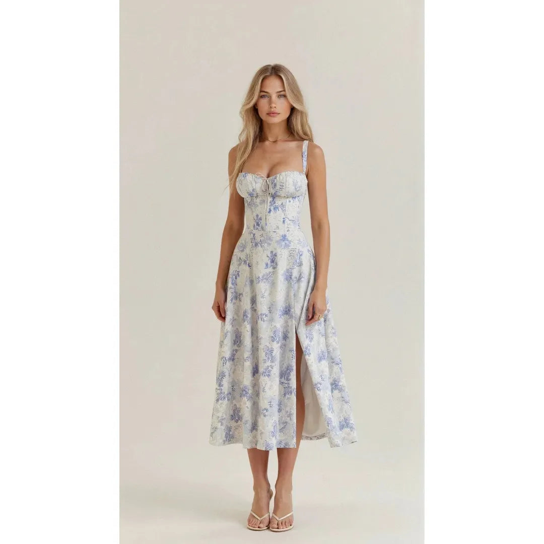 Florence | Blumen Bustier Midi Kleid Mit Spaghettiträgern