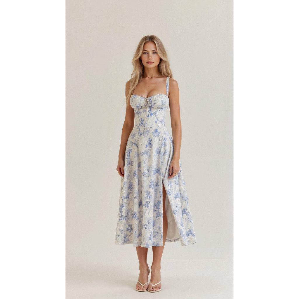 Elara | Damen Midi Korsettkleid Mit Spaghettiträgern Und Blumenprint