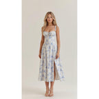 Elara | Damen Midi Korsettkleid Mit Spaghettiträgern Und Blumenprint