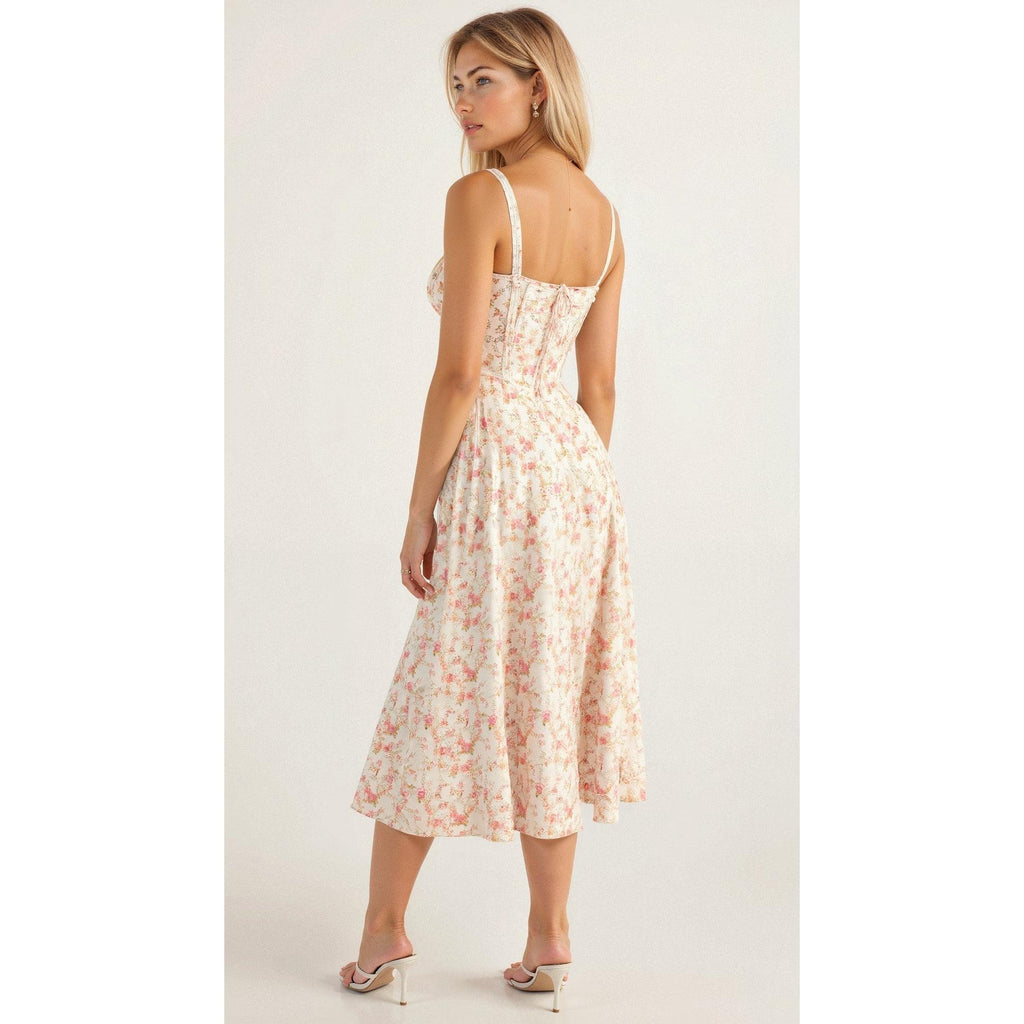 Elara | Damen Midi Korsettkleid Mit Spaghettiträgern Und Blumenprint