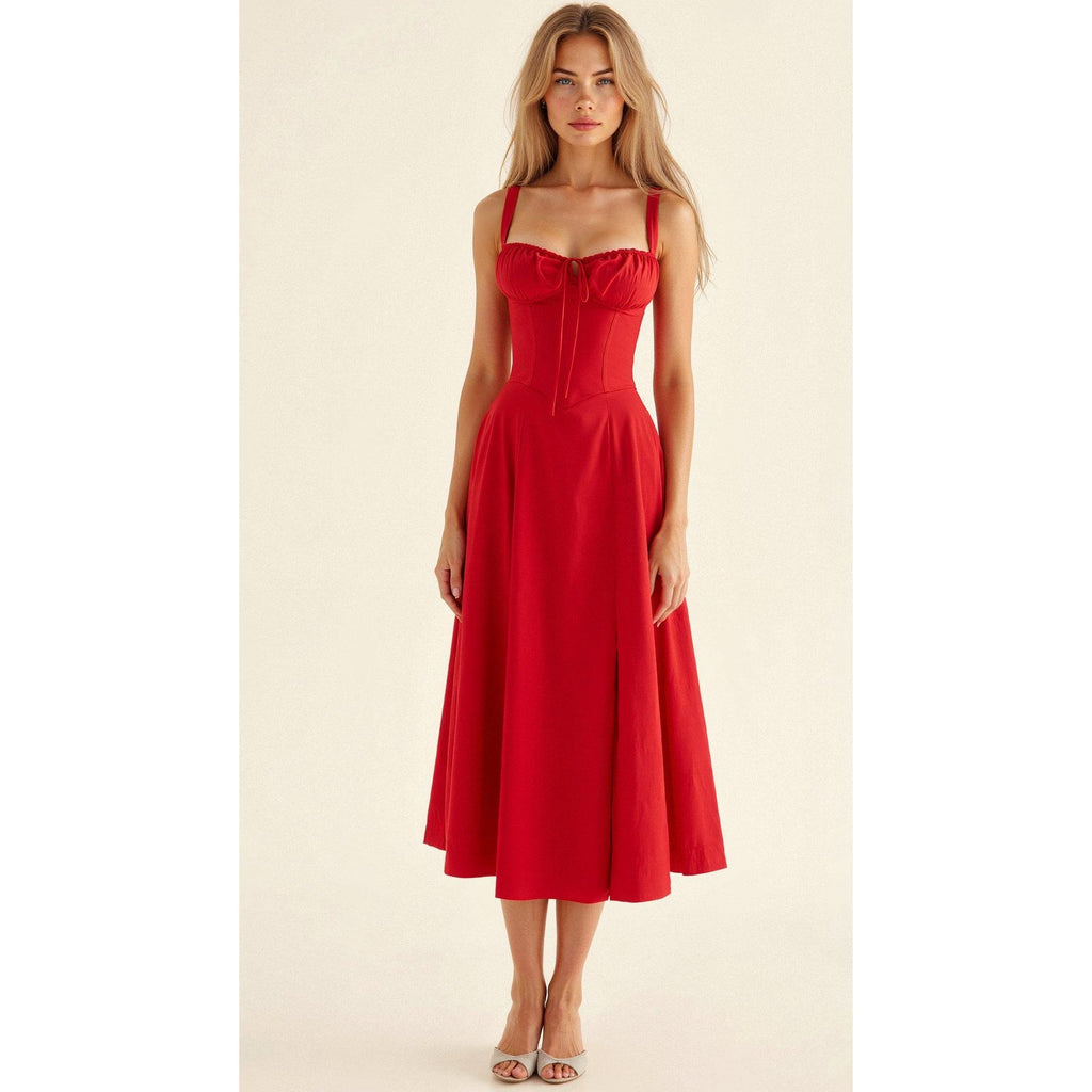 Elara | Damen Midi Korsettkleid Mit Spaghettiträgern Und Blumenprint