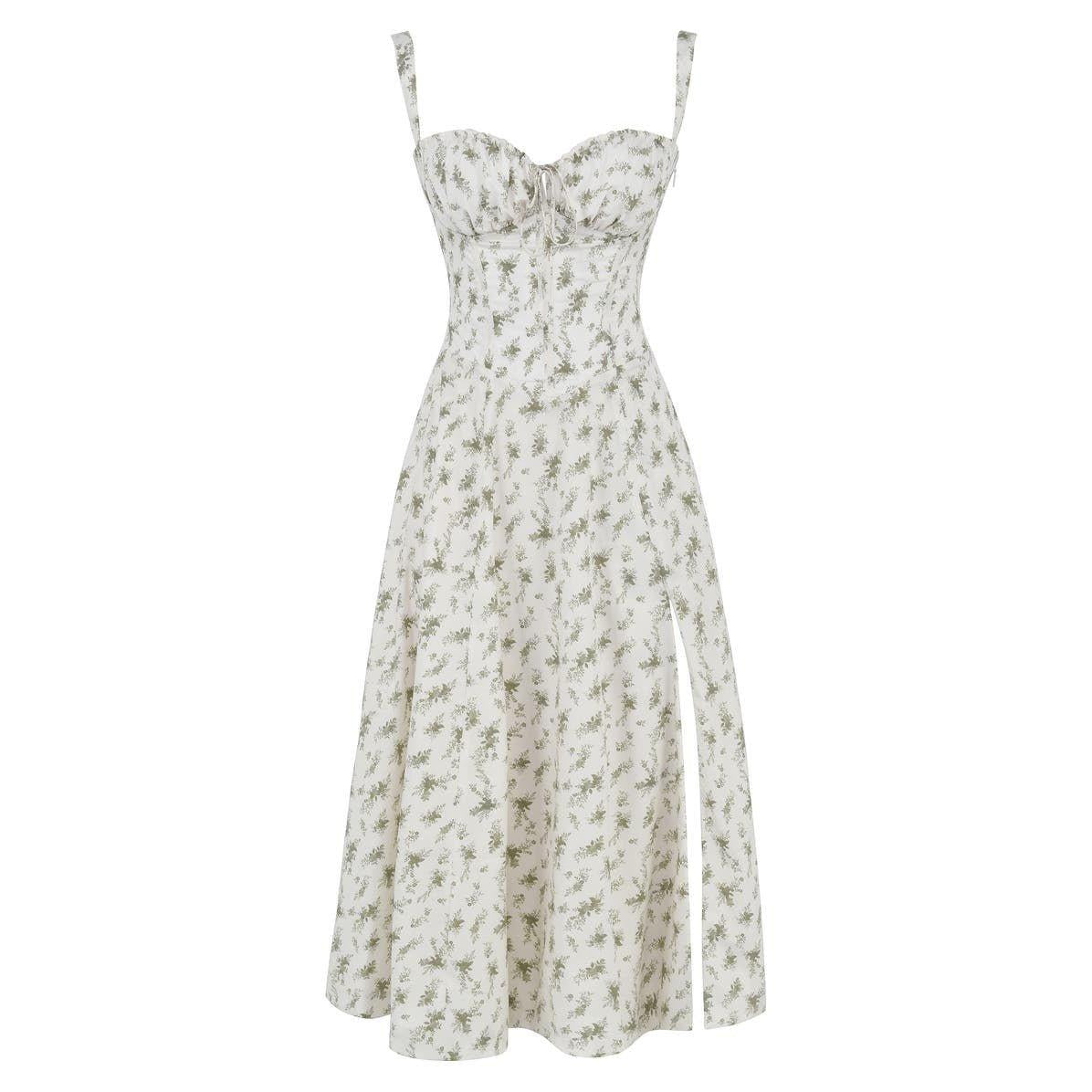 Elara | Damen Midi Korsettkleid Mit Spaghettiträgern Und Blumenprint