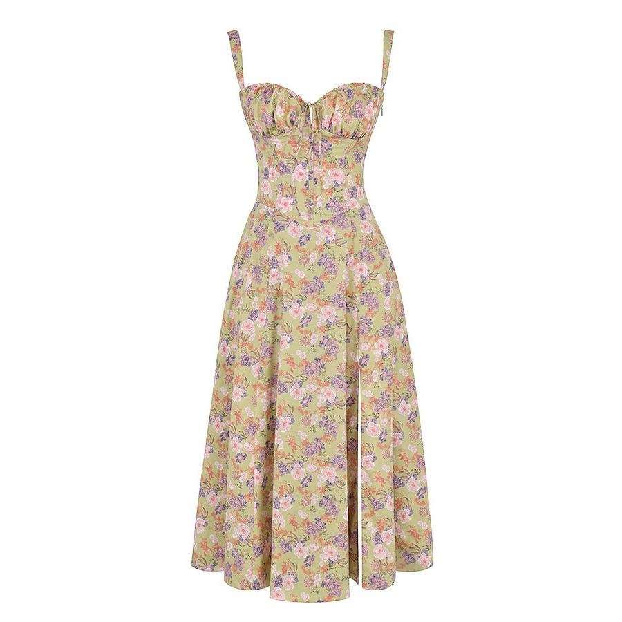 Elara | Damen Midi Korsettkleid Mit Spaghettiträgern Und Blumenprint