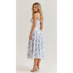 Elara | Damen Midi Korsettkleid Mit Spaghettiträgern Und Blumenprint