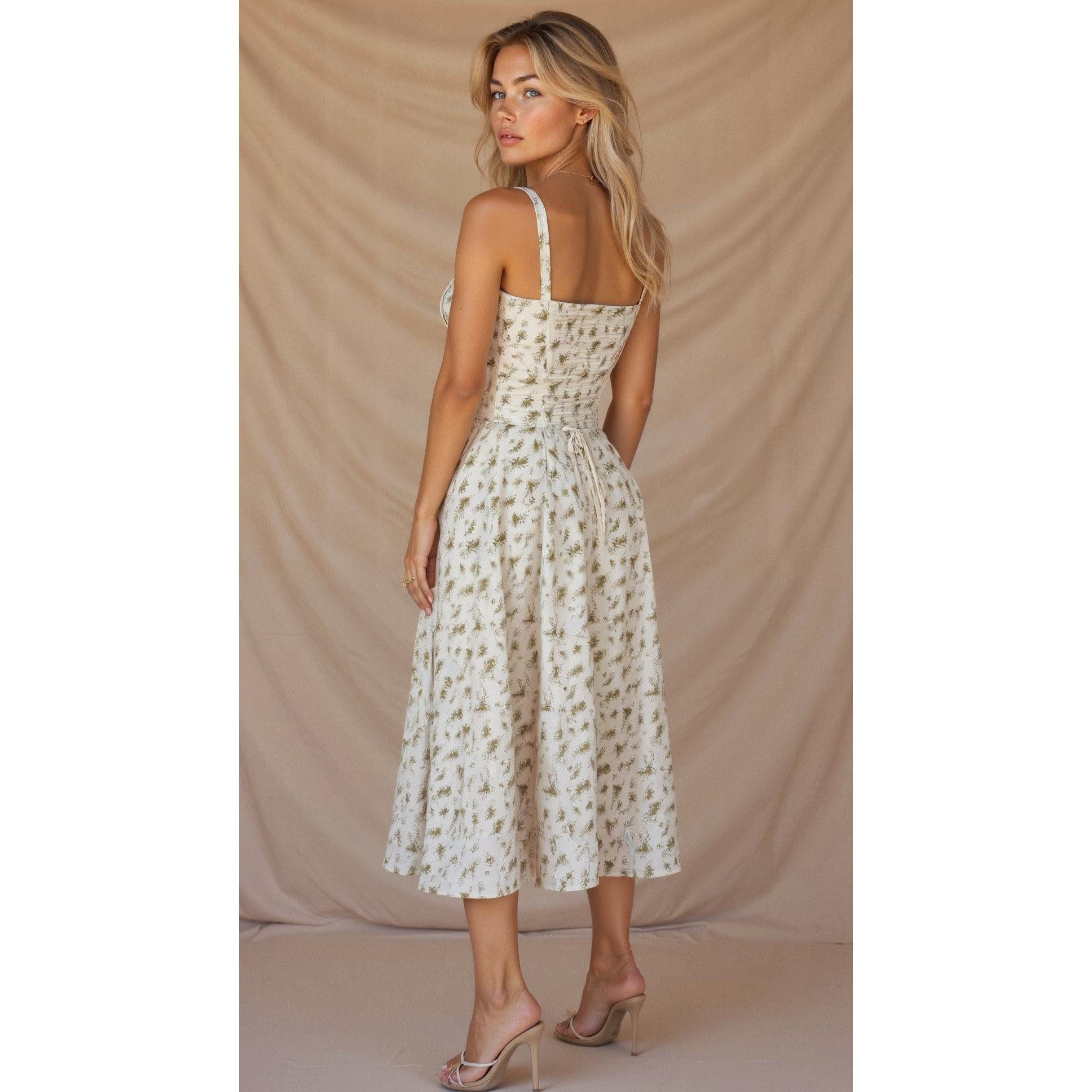 Elara | Damen Midi Korsettkleid Mit Spaghettiträgern Und Blumenprint