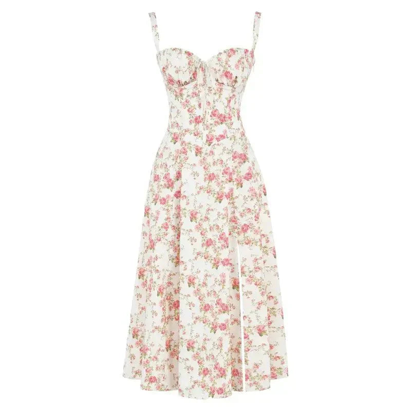 Elara | Damen Midi Korsettkleid Mit Spaghettiträgern Und Blumenprint