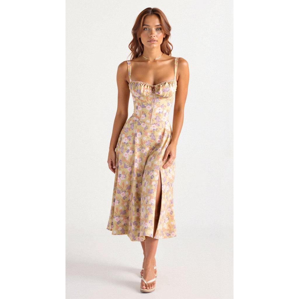 Elara | Damen Midi Korsettkleid Mit Spaghettiträgern Und Blumenprint