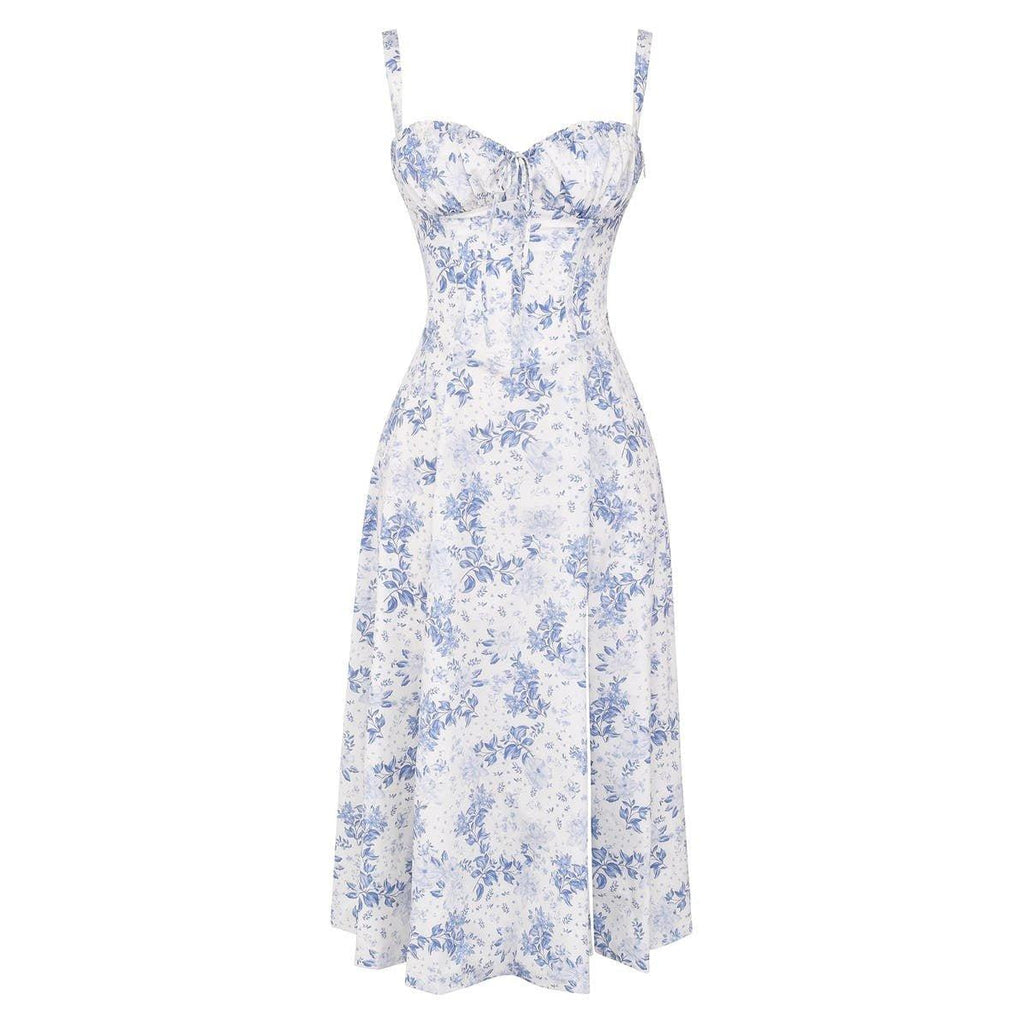 Elara | Damen Midi Korsettkleid Mit Spaghettiträgern Und Blumenprint