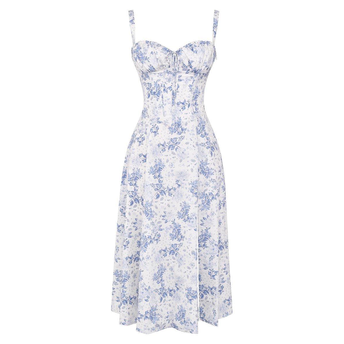 Elara | Damen Midi Korsettkleid Mit Spaghettiträgern Und Blumenprint