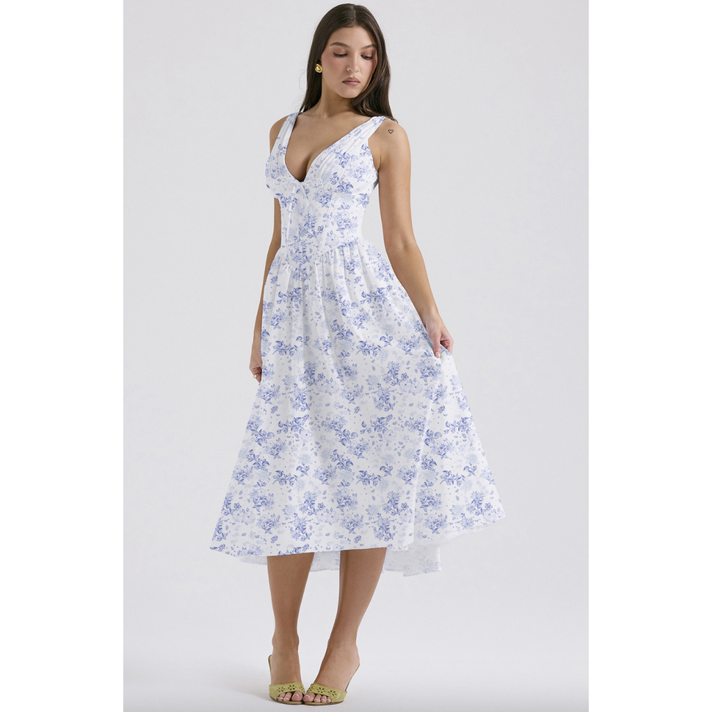 Aurora | Ärmelloses Blumen Midi Kleid Mit V-Ausschnitt