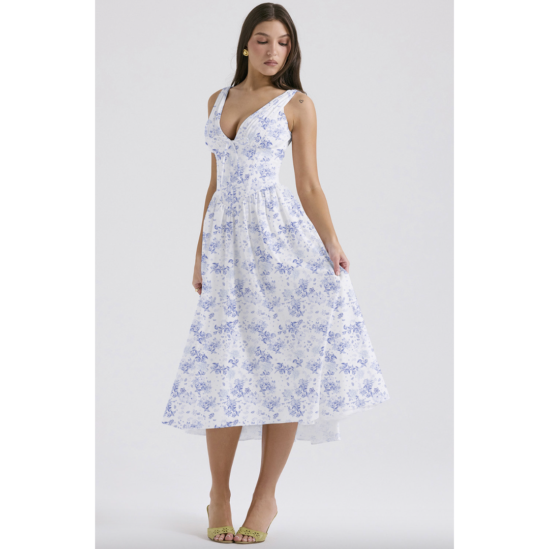 Aurora | Ärmelloses Blumen Midi Kleid Mit V-Ausschnitt