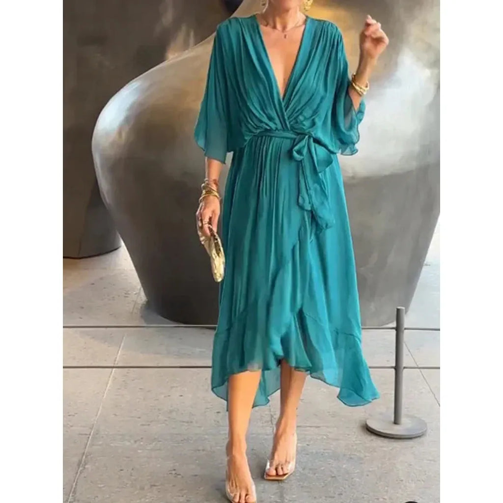 Celeste | V-Ausschnitt Midi Kleid Mit Drapierter Wickeltaille