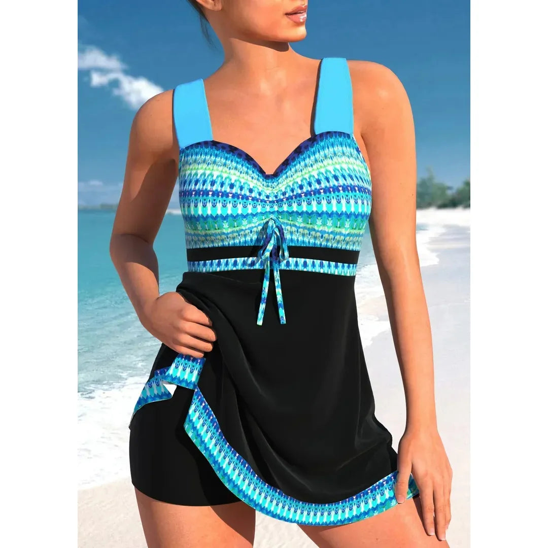 Sophie | Damen Badeanzug mit Streifenmuster und Zierband am Ausschnitt