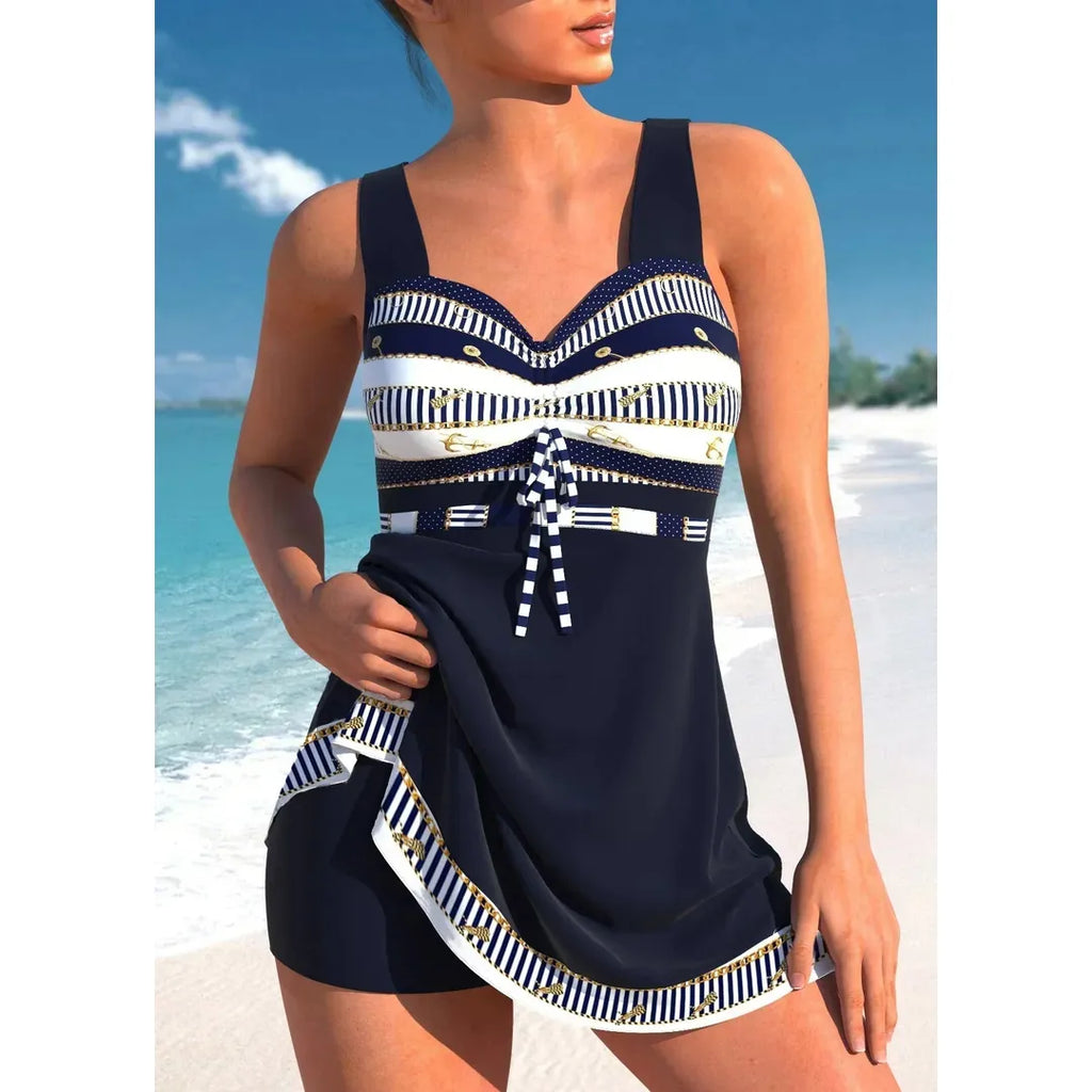 Sophie | Damen Badeanzug mit Streifenmuster und Zierband am Ausschnitt