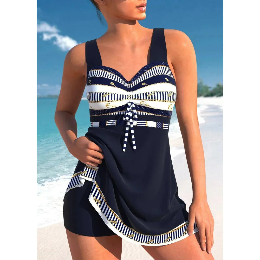 Sophie | Damen Badeanzug mit Streifenmuster und Zierband am Ausschnitt